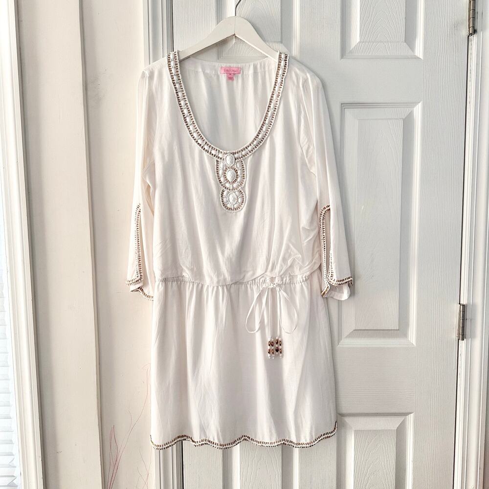 Lilly Pulitzer White Delisa Beaded Boho Beach Tunic Mini Dress Tie Waist Belt XL - Picture 1 of 12